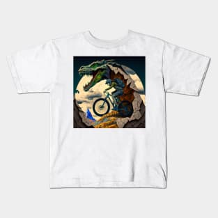 Interesting abstract cartoon mountain biker riding with a dinosaur? Kids T-Shirt